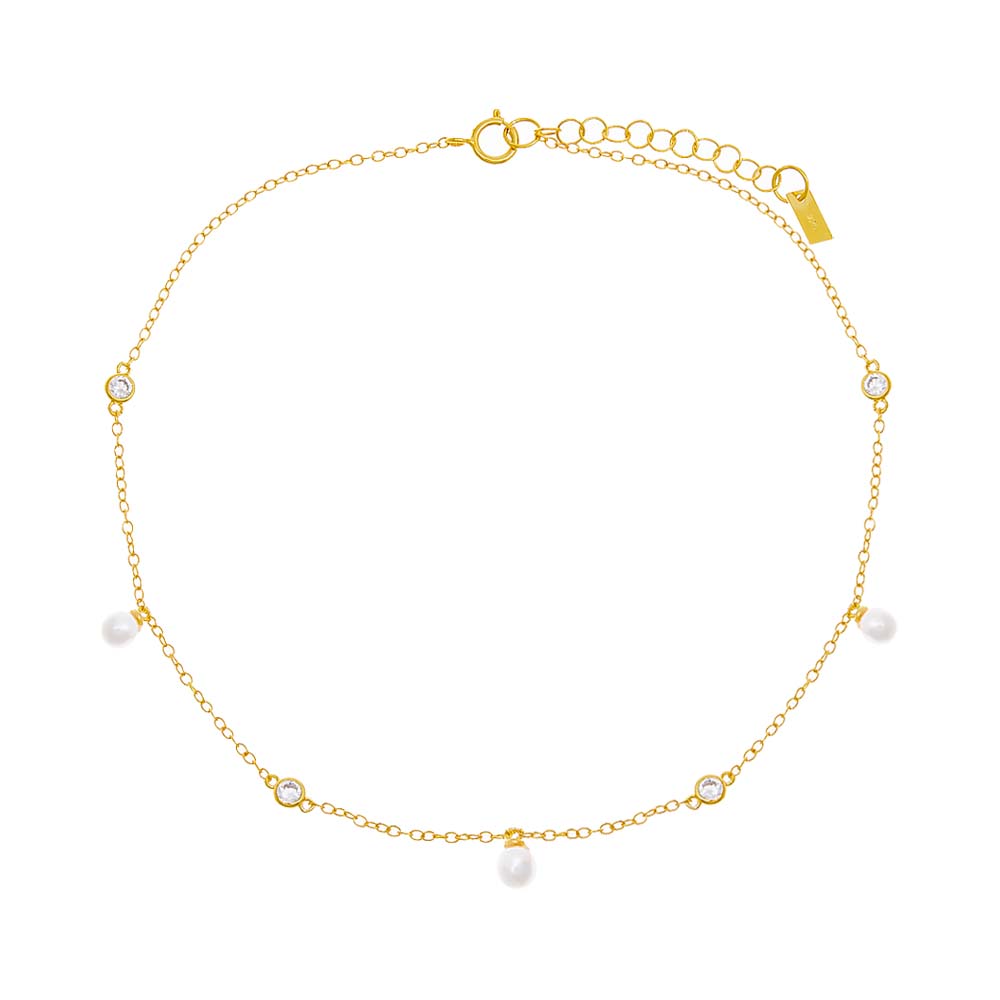 CZ Bezel X Dangling Pearl Anklet