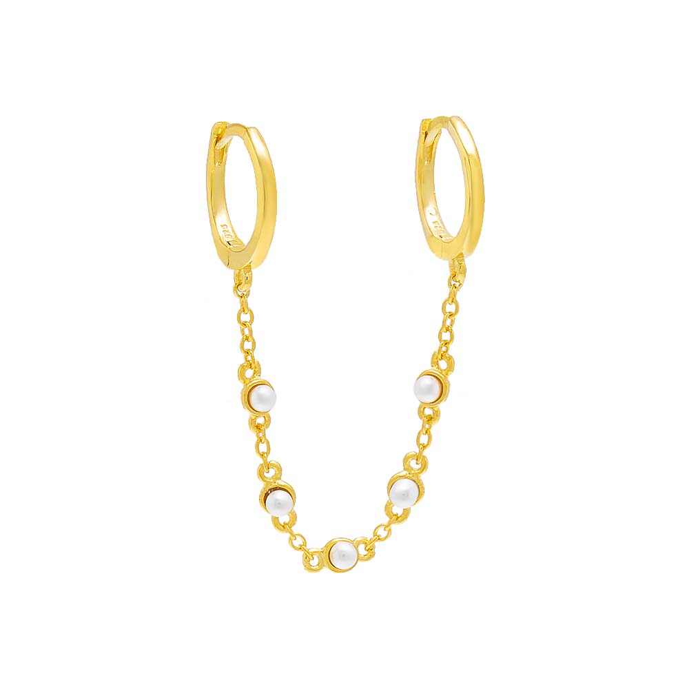 Tiny Double Pearl Chain Huggie Earring