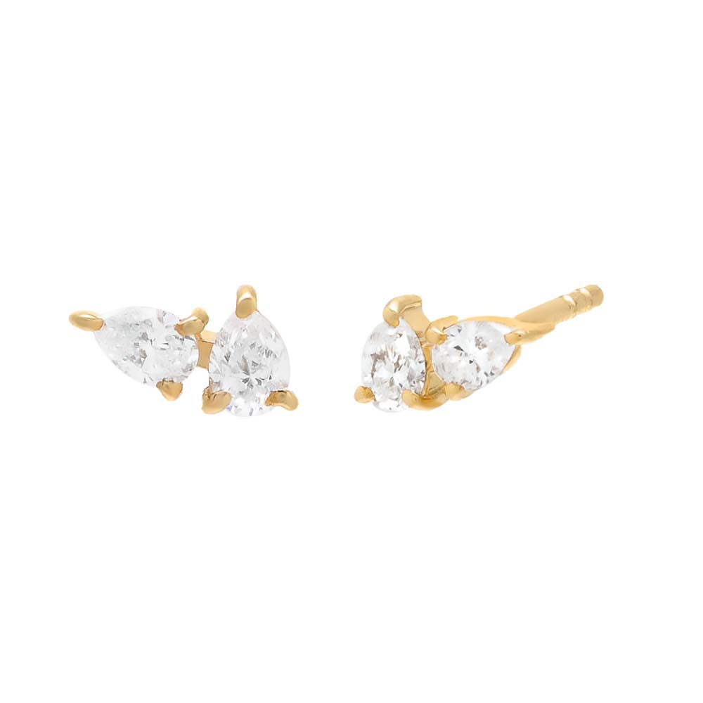 Double Diamond Teardrop Cluster Stud Earring 14K