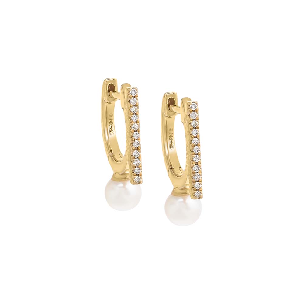 Diamond Pave Bar X Pearl Huggie Earring 14K