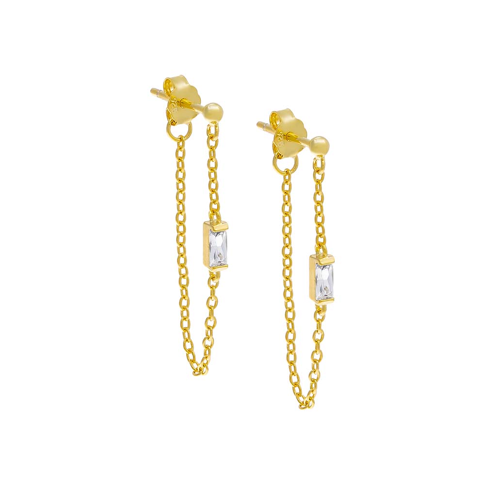 CZ Baguette Front Back Chain Stud Earring