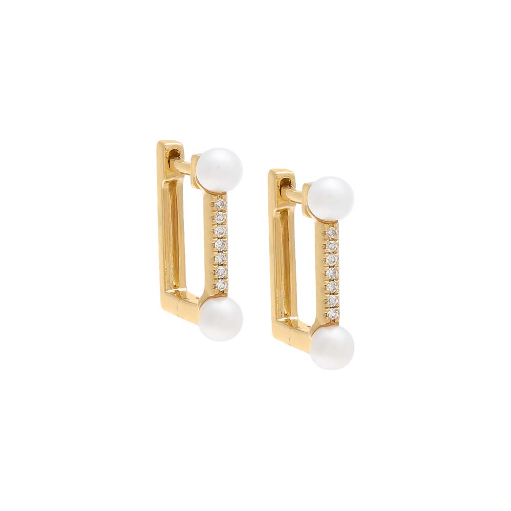 Diamond Square Double Pearl Huggie Earring 14K