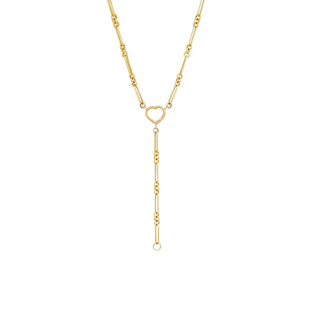 Open Heart Charm Multi Link Lariat Necklace 14K